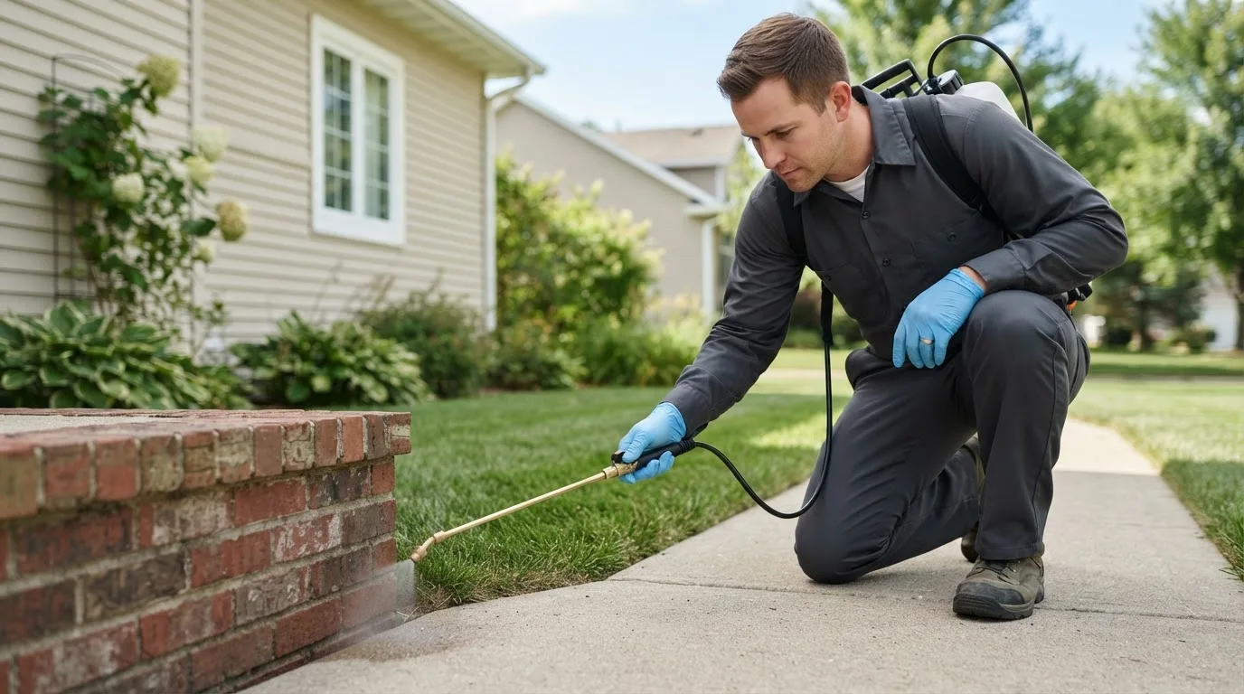 Pest control technician treating a home near Mineola, IA