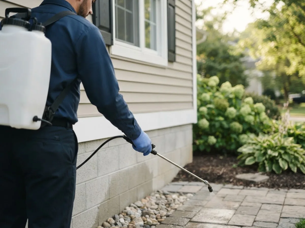 Pest control technician inspecting a home in Mineola, IA